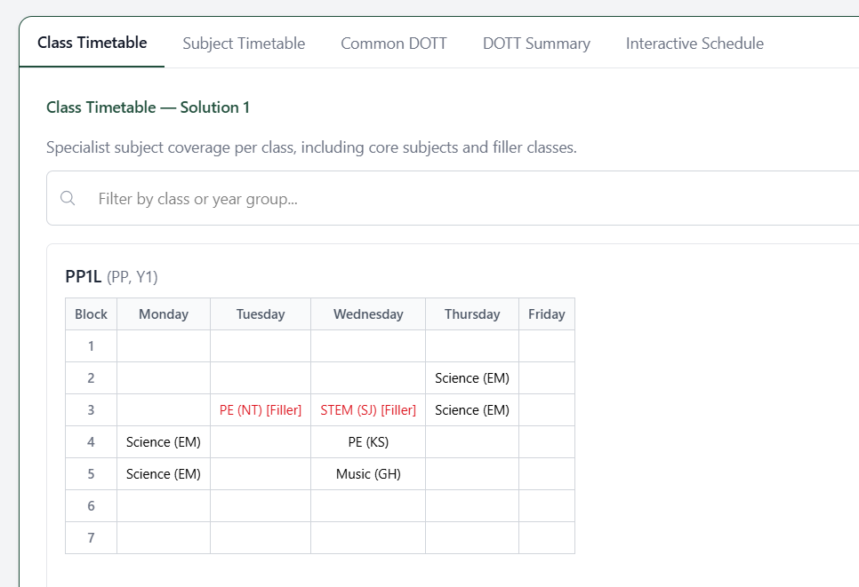 A clean read-only weekly timetable for every class